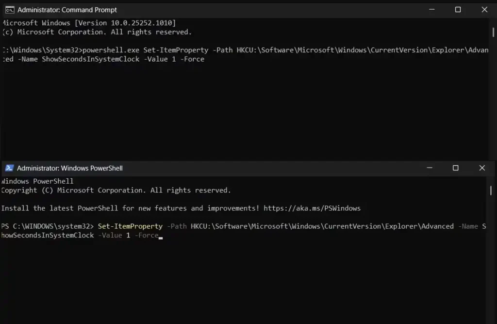 Jendela CMD dan Powershell untuk menampilkan detik pada Jam Taskbar Windows