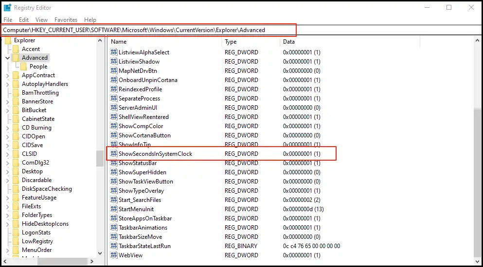 Jendela regedit untuk menampilkan detik pada jam Taskbar Windows