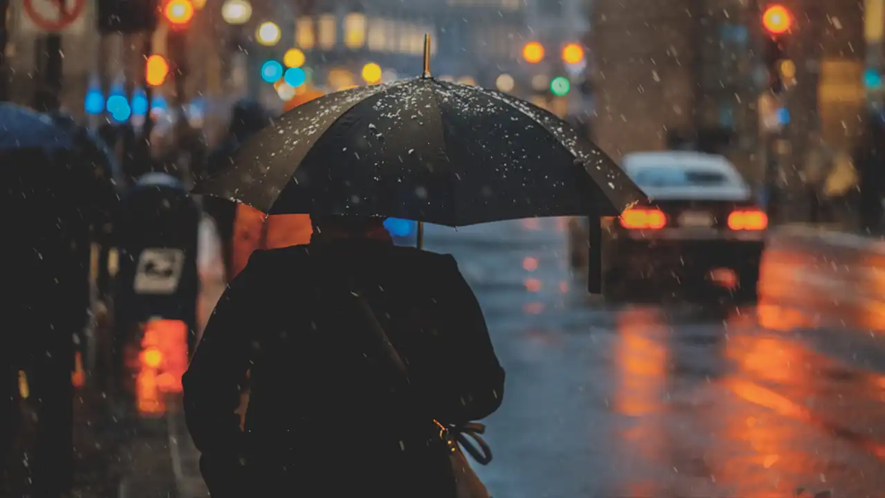 Seorang pekerja sedang memakai payung saat hujan turun